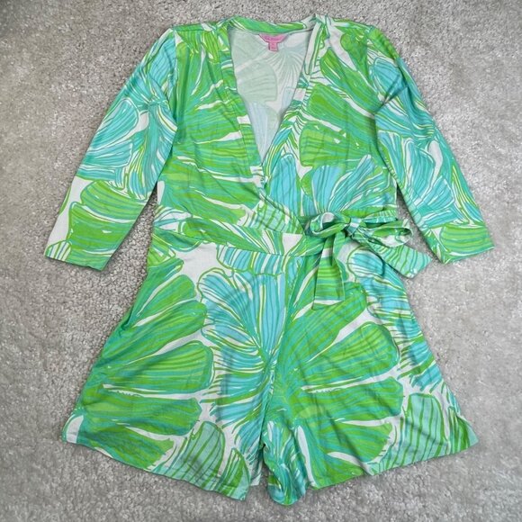 Lilly Pulitzer Karlie Wrap Romper Green Sheen Fronds - Picture 2 of 12